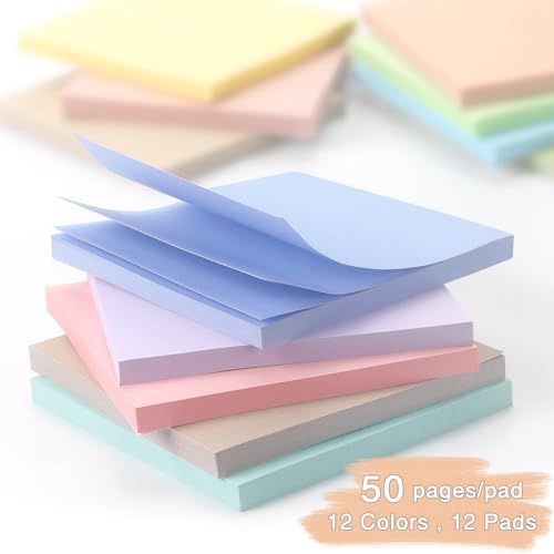 OSBOO Sticky Notes 3x3 Inch 12 Pack Pastel Colors, 50 Sheets/Pad - color: 12 Pastel Colors