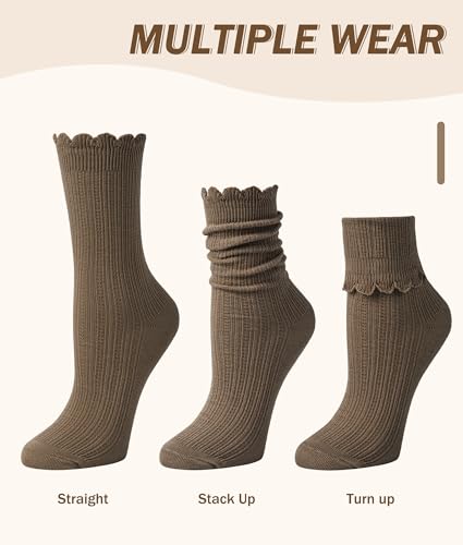 Justay 6 Pairs Ruffle Socks Women, Crew Cotton Frilly Boot Socks - color: Black Brown Coffee White Beige Grey