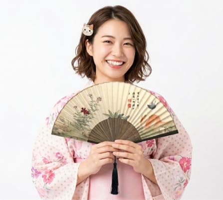 Japanese Style Folding Hand Fan for Women with Fabric Sleeve & Tassel, Handcrafted Bamboo Accessory with Butterfly, Floral & Cat Painting, Portable Cooling Tool for Gifts, Dance, Wedding - color: Butterfly, Floral & Cat