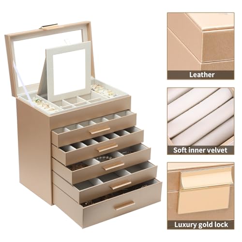 BOOVO Jewelry Boxes for Women, White and Black 6 Layer Large Jewelry Box for Necklace, Bracelet, Earrings, Rings Storage, Jewelry holder Organizer for Girls Gift (Gold, 6 layer) - color: Gold, size: 6 layer