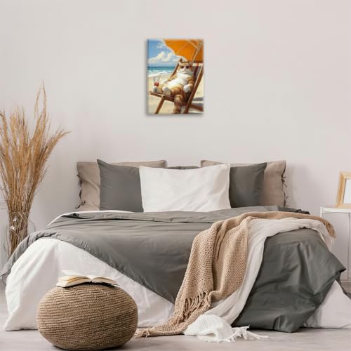 Funny Cat Beach Wall Art Cute Cat Ocean Canvas Wall Decor Coastal Kitten Pictures Paintings Prints Seaside Artwork Framed Seascape Decorations For Bathroom Bedroom Living Room Office Gifts 12" x 16" - color: Beach Cat, size: 16"L x 12"W