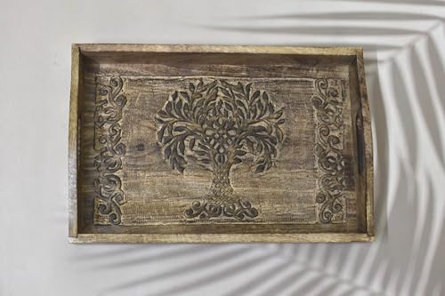 Wooden Serving Tray with Handles – 15 x 10 Inch Handcrafted Rectangular Tray for Snacks, Coffee, Tea, Dinner & Breakfast – Rustic Platter for Kitchen & Dining - color: Tree of Life - 15 X 10 Inch