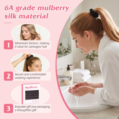 Needbrock Mulberry Silk Hair Ties, Thin Black Scrunchies for Women - color: Black