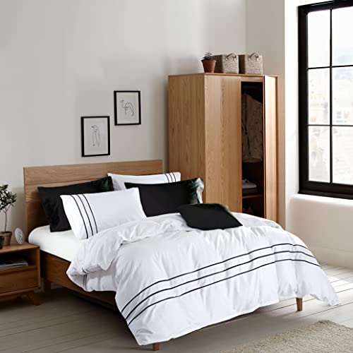 Karen Duvet Cover Set 3 pcs(1 Duvet Cover+2 Pillowcases) 100% Cotton Sateen Woven White Background with Black Stripe Zipper Closure(White Black,Queen) - color: White Black, size: Queen