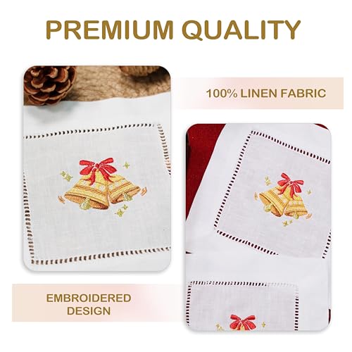 100% Linen Cocktail Napkins Set of 6 | Embroidered Christmas Bells 6"x6" Fabric Coaster for Kitchen Coffee Bar Xmas Party Events Reusable Ladder Hemstitch Jingle Bells Cloth Napkins Square - color: Jingle Bells