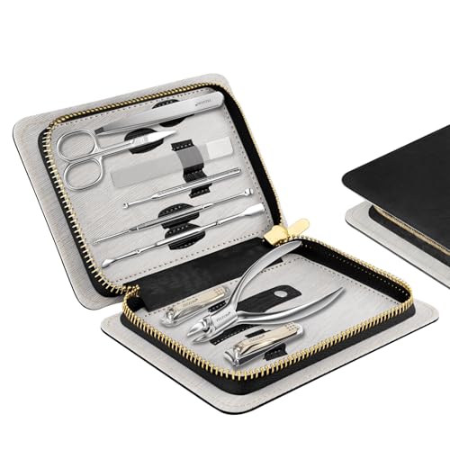 ZIZZON Manicure Set Professional Stainless Steel Toenail and Fingernail Clippers Set 9 in1 Pedicure and Grooming kit with Travel Case (Black) - color: Black