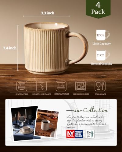 famiware Coffee Mug Set of 4, Star 12 oz Ceramic Mugs Cups Set with Handle - color: Star-Cream, size: 4 Count (Pack of 1)