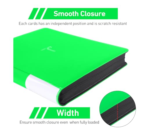 Top Loader Binder 16 Pocket, Holds 640+ Cards in 3" x 4" Toploaders, Ringless 20 Double-Sided Sleeves, Side-Loading, Spine Label with Maker Pen Toploader Binder for TCG, MTG, Sports Cards - color: Fluorescent Green, size: 16-Pocket, Holds 640 Cards