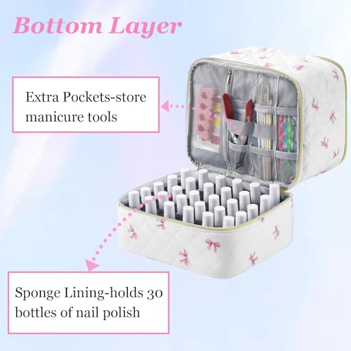 PU Leather Nail Polish Organizer and Nail Lamp Case, Nail Kit Organizer Holds 30+ Bottles (15ml - 0.5 fl.oz) and a Nail Lamp, Nail Polish Carrying Case with Manicure Tools Storage Sections (Pink Bow) - color: Pink Bow