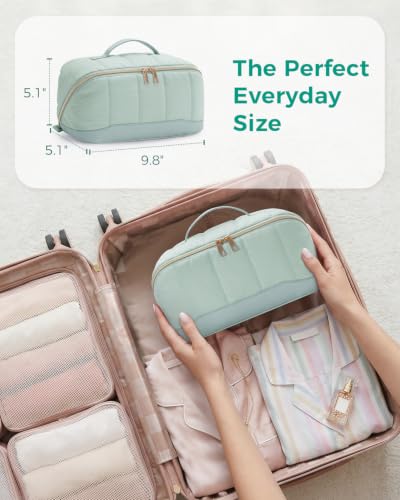 Makeup Bag for Women, Open Flat Puffy Organizer with Wipe-Clean PVC Lining - color: Green