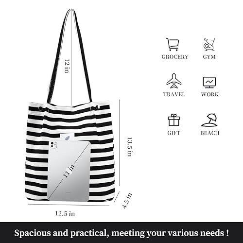 Corduroy Tote Bag Cute Tote Bags for Women Shoulder Bag with Inner Pocket for Work Beach Travel and Shopping Grocery - style: Black and White Stripes