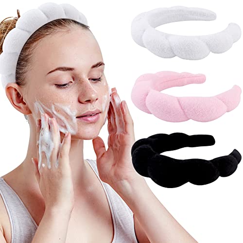 WHAVEL 3 Pack Spa Headband Skincare Headbands, Makeup Headband Sponge Terry Cloth Headbands Face Wash Headband Puffy Hair Band for Washing Face Women Girls (White, Pink, Black) - color: White, Pink, Black