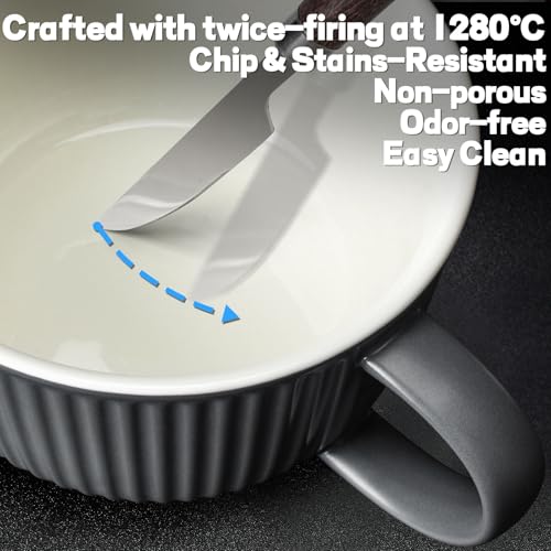 Artena 38 oz Soup Bowls with Handles, Lids, Spoons & Chopsticks – 6 Inch Large Microwave Safe Ceramic Ramen Bowls, Soup Mugs & Cereal Bowls for Instant Noodles, Oatmeal, Meal Prep (Grey-Set of 2) - color: Grey-Set of 2