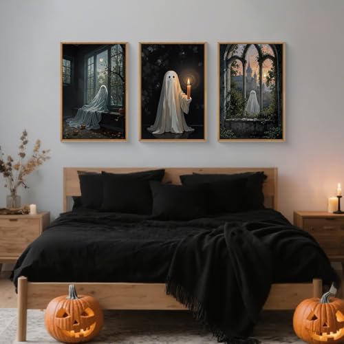 LHIUEM Large Halloween Cute Ghost Framed Canvas Wall Art Set,Vintage Spooky Wall Decor,Retro Dark Prints,Midnight Candle Poster Artwork for Living Room,Bathroom,Dining Room -24"x36"x3 - color: Halloween Cute Ghost Wall Art, size: 36"L x 24"W