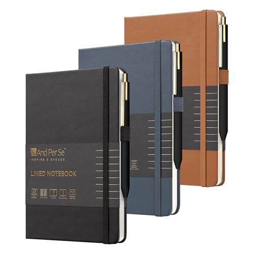 &And Per Se Lined Journal and Pen Set (3 Packs), A5 Leather Hardcover Notebook with Pen & Stationary Set, 160 Pages 100GSM Thick Ruled Paper Journal for Business Work Writing (Black-Blue-Brown) - color: Black-Blue-Brown