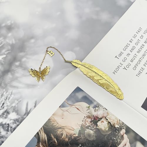 Initial Letter and Butterfly Charm Metal Feather Bookmark (Gold-B) - style: Gold-B