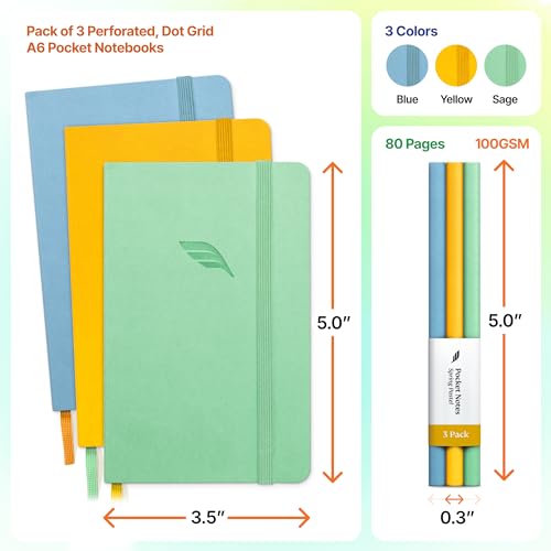 Roterunner A6 Pocket Notebook (Spring Pastel) 3 Pack 3.5x5.5 Dotted Mini Notebook Journal 100Gsm Perforated Paper, Work Gym Travel Journal Notebook, Leather Small Notebook Numbered with Notes Index - color: Spring Pastel