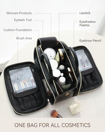 Prite Large Makeup Bag, Waterproof Travel Cosmetic Case with Brush Holder - color: Black, size: Medium