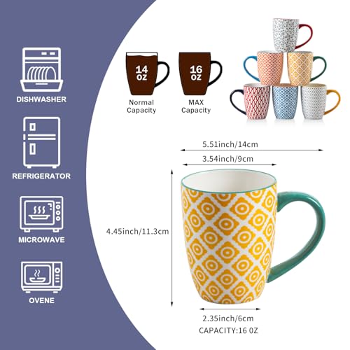 16 Oz Ceramic Coffee Mugs Set of 6 - color: Assorted Colors, size: 16 oz