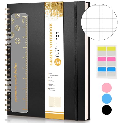Graph Paper Notebook, Spiral Notebook Journal 8.5” x 11”, A4 Large Grid Notebooks for Women Men, 100 GSM Graph Paper, Plastic Hardcover Spiral Graphing Journals for Work School Engineerin, Black - color: Black, size: Graph