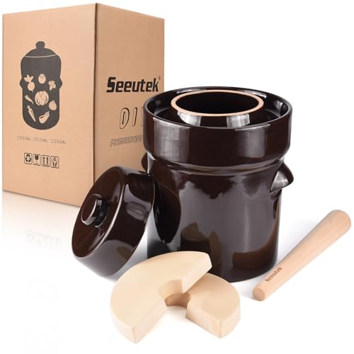 SEEUTEK Fermentation Crock Jar 1/2 Gallon for Sauerkraut Pickling Kimchi - size: 2L