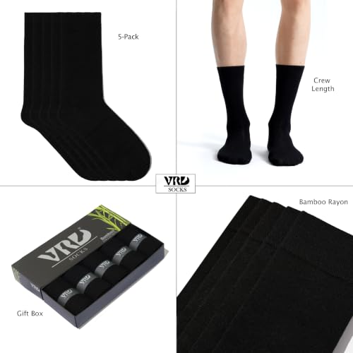 VRD Men's Dress Socks Bamboo Rayon, 5-Pack Crew Socks, Multiple Colors and Designs, Shoe Size 8-13, Gift Box - color: 10: Black, 5-pack Solid