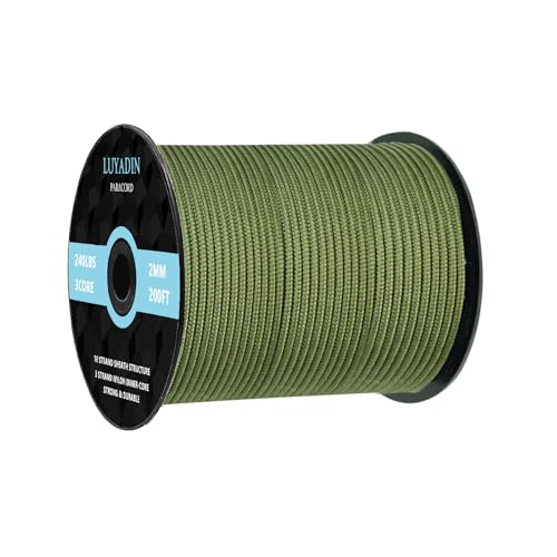 Paracord 240lb - Diameter 2mm Micro Utility Cord -3 Strand Parachute Spool Cord - 100ft 200ft,Paracord for Camping,Hiking,Fishing,Outdoor and DIY - color: Army Green, size: 200 ft