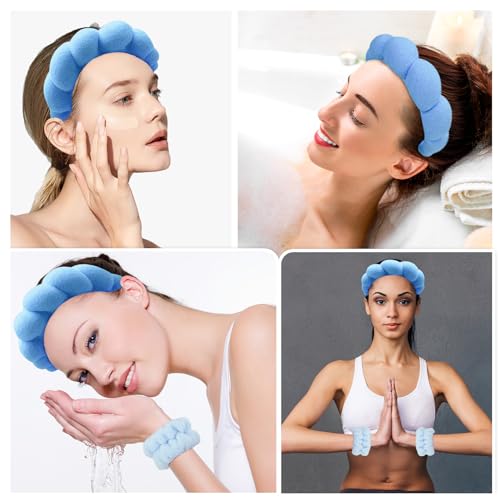 Zkptops Spa Headband for Washing Face Wristband Set Sponge Makeup Skincare Terry Cloth Bubble Soft Get Ready Hairband for Women Girl Puffy Padded Headwear Non Slip Thick Hair Accessory(Dark Blue) - color: YP Dark Blue