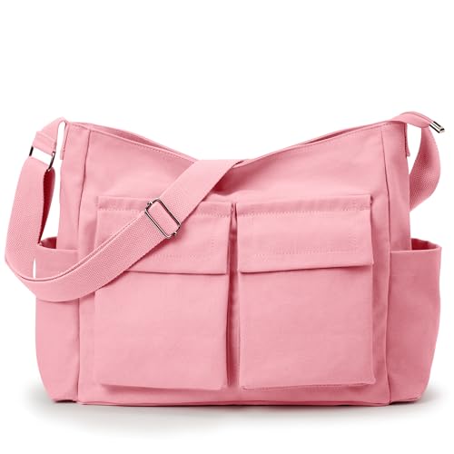 KALIDI Canvas Tote Bag Zipper Large Crossbody Shoulder Bag Messenger Bag - color: Upgraded Pink