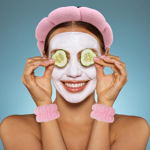 Pink Skincare Bubble headband and wristband set for Face Washing - color: Pink