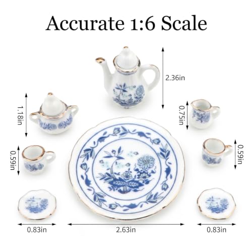 Miniature Tea Set 1/6 Scale Dollhouse Accessories Porcelain Blue Flower - color: Blue