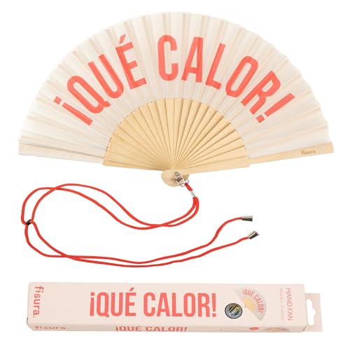Fisura – Original Beige Folding Fan with Message qué calor, Wooden Handheld Fan for Women, Perfect for Rave, Party, Wedding, Birthday, Gift or Summer Decoration - color: Qué Calor, Beige