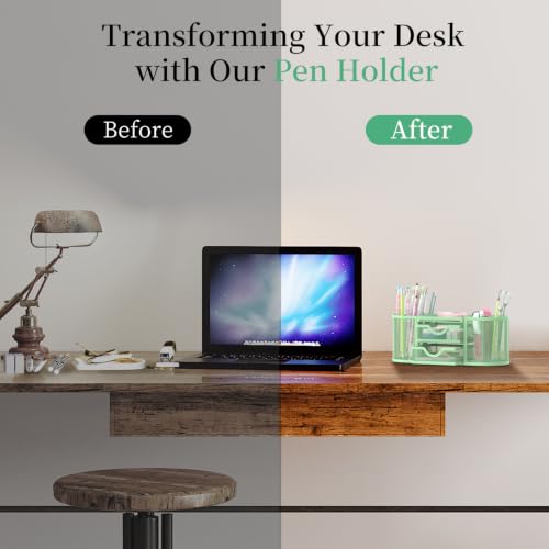 SUPEASY Mesh Desk Organizer, Pen Holder for Desk with 2 Drawers, MintGreen - color: Mint Green