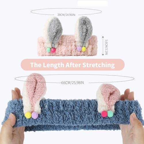 PERFECTSIGHT Kawaii Headband for Spa, Makeup, Washing Face, Party - 2 Pack Cute Hair Band for Shower Beauty Skincare, Soft Facial Headbands for Girls and Women (Pink+Blue Rabbit Ear) - color: Pink+Blue Rabbit Ear
