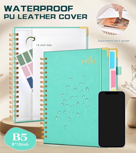 5 Subject Spiral Notebook Journal with Removable Dividers Tabs, 300 Pages Organizer Notebooks for Work School, 8"x10" Hardcover Leather Notebook College Ruled, Large Lined Journal for Women Men,Aqure - color: Aqure, size: B5