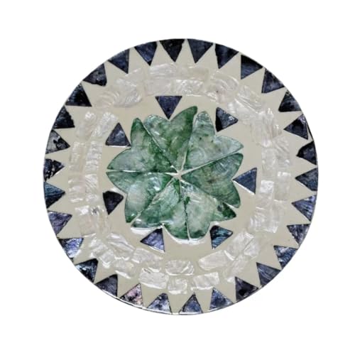 7.5" Mother of Pearl Shell Placemat, Round Decorative Charger Plate - color: Toothed green leaves
