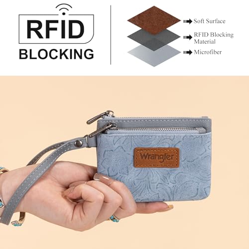 Montana West Wrangler Coin Purse for Women RFID-blocking Floral Embossed Change Pouch Wristlet Wallet Lightweight Portable Wallets Blue - color: Embossed Jean
