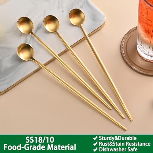 DEHOV Satin Gold 9 Inches Latte Spoon,4 Pieces Stainless Steel 18/10 Iced Tea Spoons Set,Solid Round Handle Coffee Stirring Spoon,Durable Dishwasher Safe Long Handle Sundae Ice Cream Spoons - color: Gold, size: 9 Inch
