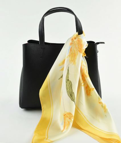 corciova Women’s Square Scarf 27.5 in (70 x 70 cm), Satin-Feel Polyester, Lightweight Fashion Scarf for Hair, Neck and Bag - color: Floral (Yellow)