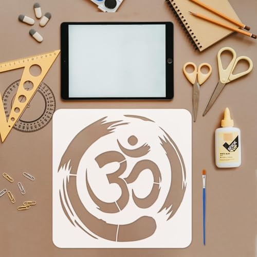 FINGERINSPIRE Om Symbol Stencil with Paint Brush 11.8x11.8 inch Yoga Zen Circle Pattern Template Yoga Om Symbols Craft Stencil for Painting on Wall Wood Floor Tile Canvas Fabric Furniture - style: OM Zen Circle