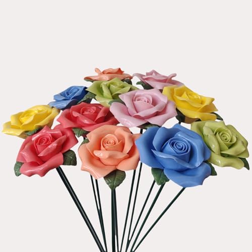 Handmade Porcelain 3D Ceramic Rose Flower, Eternal Flower Decoration for Home Office Decor, Creative Desktop vases, Porcelain Decorations, Set of 12 (Color)