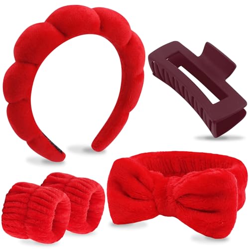 VELSCRUN Spa Headbands for Wash Face, Makeup Headband, Facial Skincare Headbands, 5 Pcs Red Puffy Sponge Spa Headband Bow Tie Hair Band Hair Clips Wristband Set Women Girls Accessories - color: Red