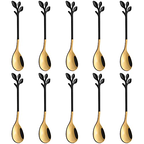 AnSaw Black Swan Base With 10-Pcs Mini Leaf Coffee Spoon Holder Set - 4.7" - color: Black & Gold Swan