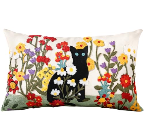 Embroidered Throw Pillow Cover, 20x12 Inch, Black Cat Floral - color: Flower Cats, size: 20" x 12" (Pack of 1)