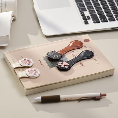 Ovesmusl 2Pcs PU Leather Cat+Paw Magnetic Bookmarks with Pen Holder - style: Cat+Paw (Brown+Black)