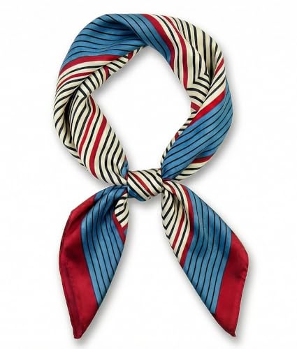 corciova Women’s Square Scarf 27.5 in (70 x 70 cm), Satin-Feel Polyester, Lightweight Fashion Scarf for Hair, Neck and Bag - color: Geometric Striped (Blue / Red / Black / White)