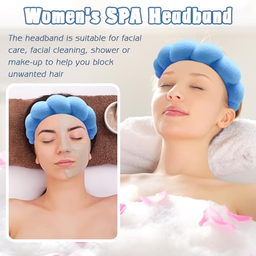 Zkptops Spa Headband for Washing Face Wristband Set Sponge Makeup Skincare Terry Cloth Bubble Soft Get Ready Hairband for Women Girl Puffy Padded Headwear Non Slip Thick Hair Accessory(Dark Blue) - color: YP Dark Blue