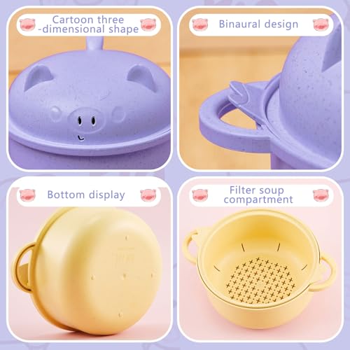 2 Set Large 45oz Cute Pig Ramen Bowl Set Microwavable Yellow, Purple - color: Yellow,Purple