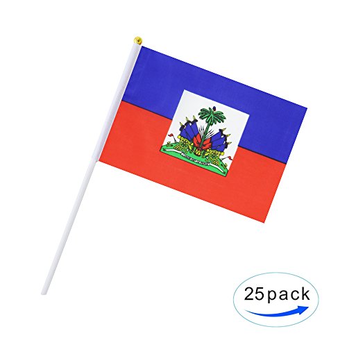 25 Pack Hand Held Small Mini Haiti Flag,Haitian Stick Round Top National Country Flags,Party Decorations Supplies For Parades,World Cup,Festival Events,International Festival. - color: Haiti