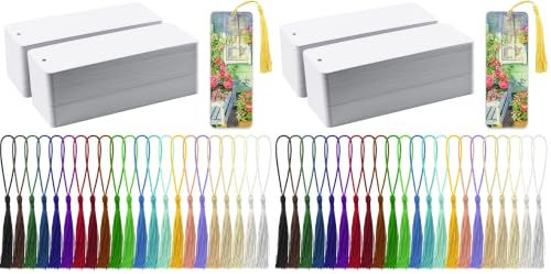 Bercoor 240 PCS White Blank Paper Bookmarks Decorate with 240 Pcs Tassels, Thick Cardstock Bookmark for DIY Craft Projects and Gifts Tags (Pack of 2) - size: 5.5 x 2 inches (Pack of 2)